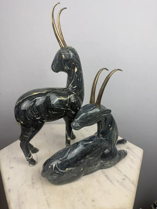post modern Pair of Marbled Gazelle / Antelope Figurines - Brass Horns