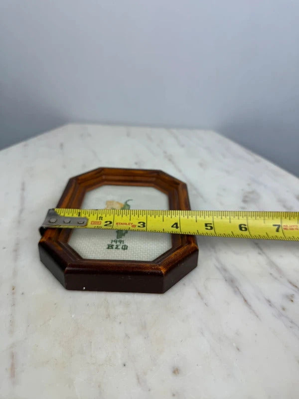Vintage 1991 Cross Stitch Yellow Rose Bud Framed Octagon Wood Frame Cottagecore