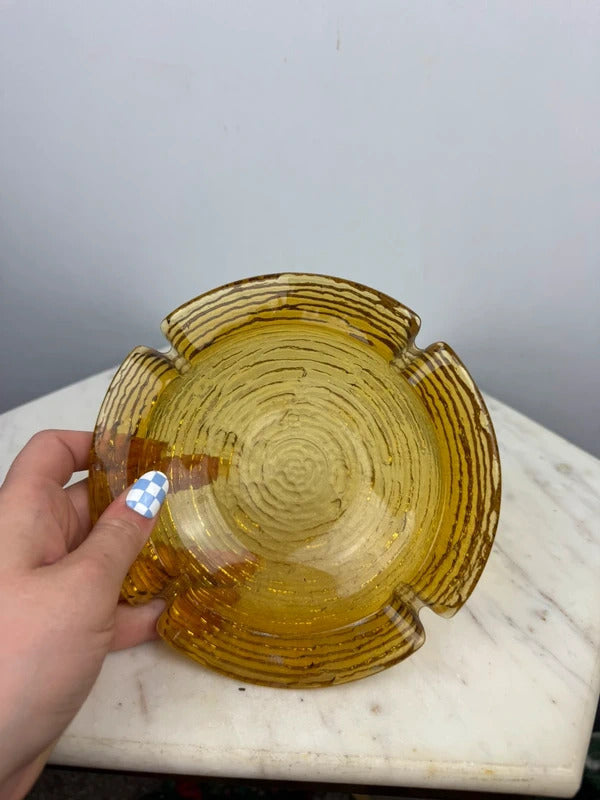 Vintage Amber Glass Ashtray Textured Mid Century Modern