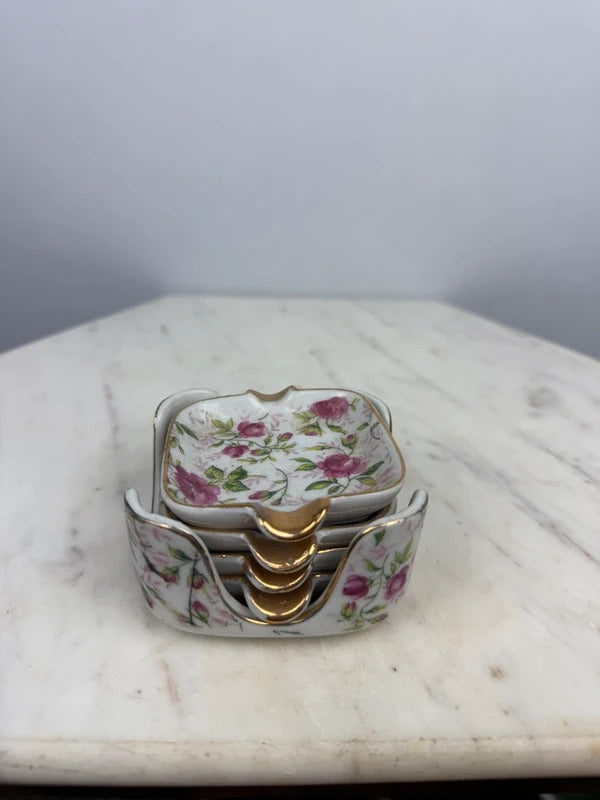 Vintage Lefton China Pink Rose Chintz Ashtray Set Gold Trim Japan
