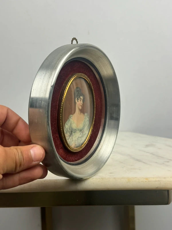 Pair Framed Victorian Lady Portrait Miniatures Round Silver Tone Frames
