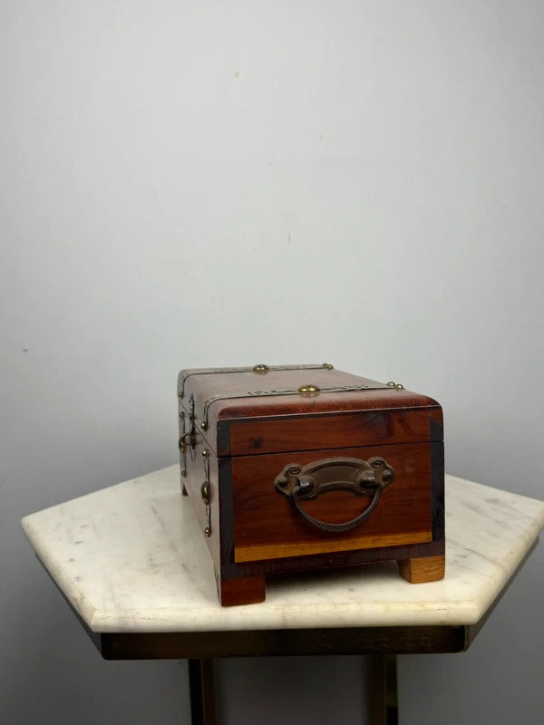 Vintage Wood Jewelry Box Brass Hardware Mini Chest 10.5”