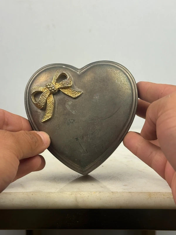 Vintage Heart Shaped Metal Trinket Box Gold Bow Jewelry Box