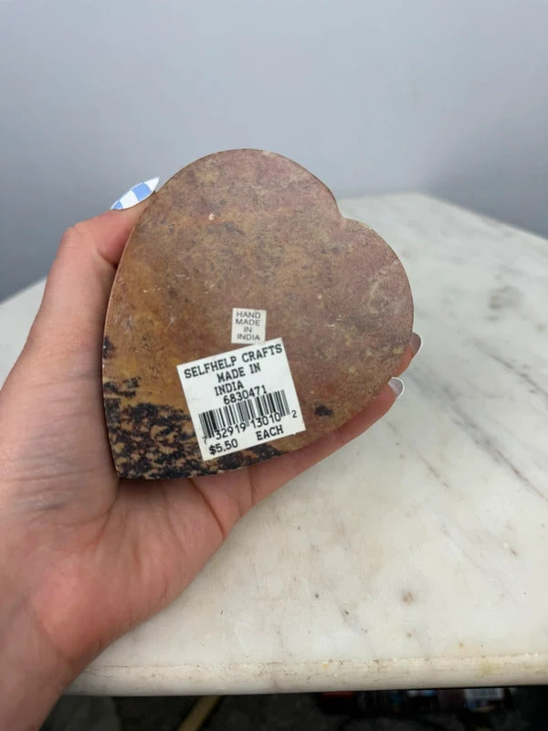 Carved Soapstone Heart Box - Pietra Dura Floral Inlay - India