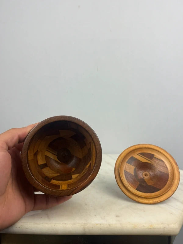Vintage Wood Marquetry Lidded Compass/Urn Jar Pedestal Base