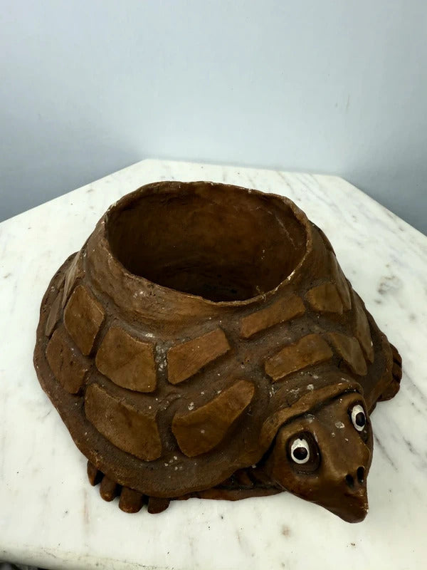 Vintage Handmade Ceramic Turtle Planter Folk Art Pottery