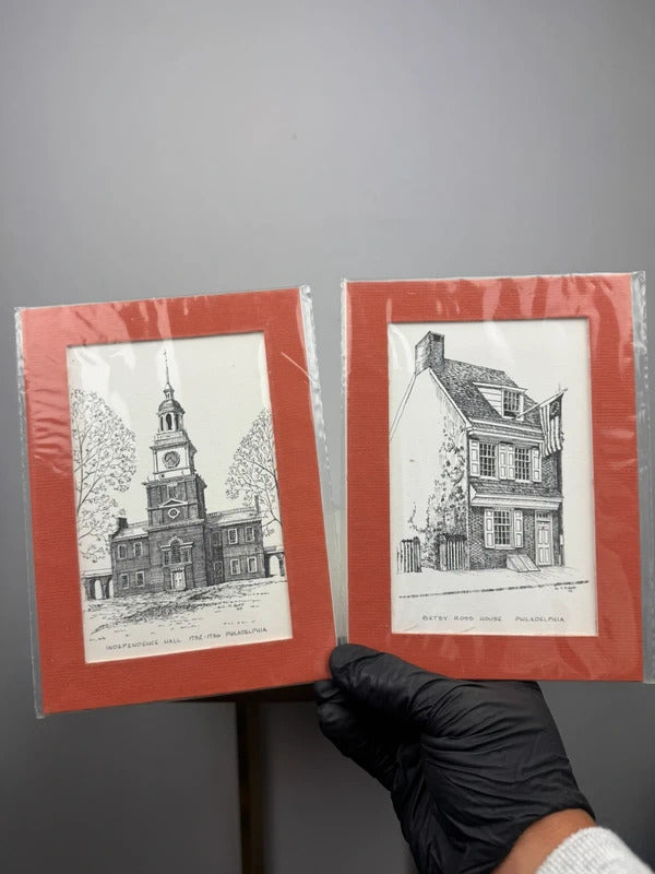 Vintage Philadelphia Landmark Prints Independence Hall Betsy Ross House Set of 2