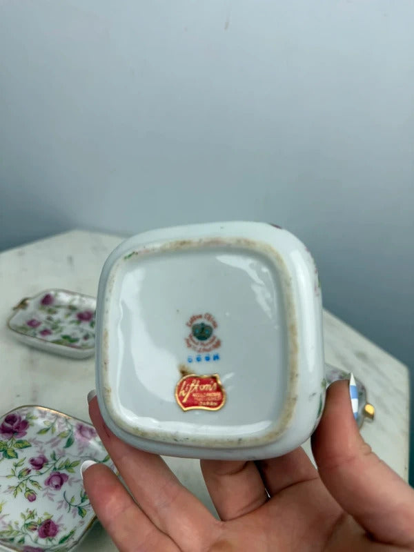 Vintage Lefton China Pink Rose Chintz Ashtray Set Gold Trim Japan