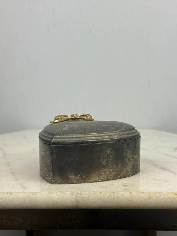 Vintage Heart Shaped Metal Trinket Box Gold Bow Jewelry Box