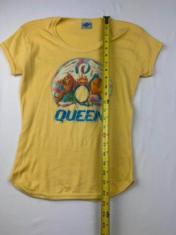 Vintage 1990s Queen Band T-Shirt Yellow Freddie Mercury Crest Graphic Size L