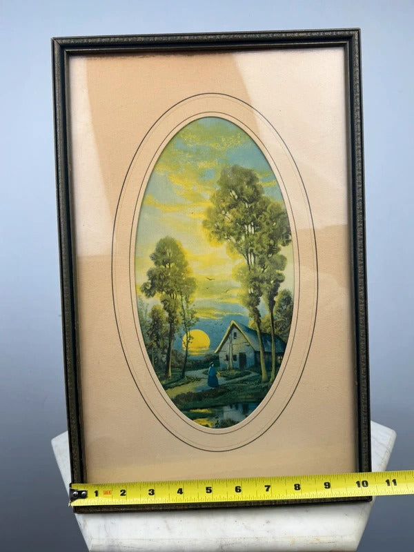 Vintage Framed Oval Landscape Print Cottage Sunset Trees Rustic Wall Art