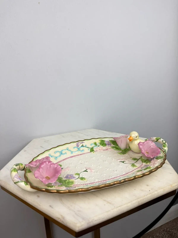 Vintage Avon Ceramic Floral Duck Tray Pink Flowers Gold Trim