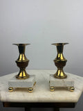 Vintage Brass Candlestick Holders Pair Marble Base Ball Feet Wood Accent