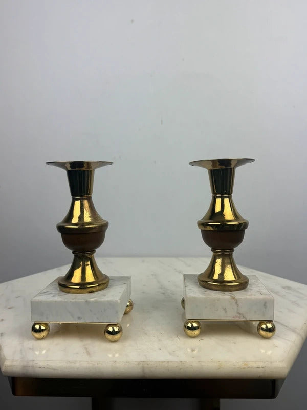 Vintage Brass Candlestick Holders Pair Marble Base Ball Feet Wood Accent