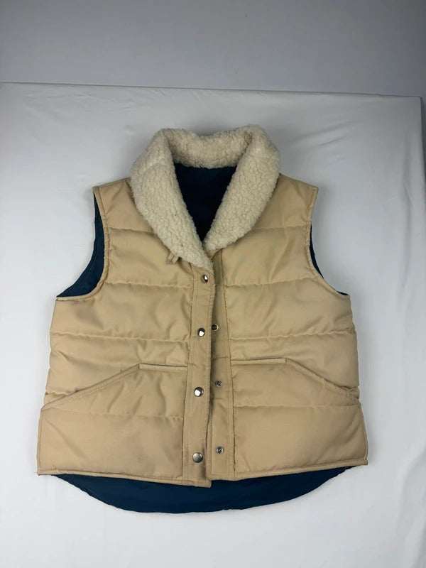 Vintage Tan Puffer Vest Sherpa Collar Navy Blue Lined Snap Front 1980s