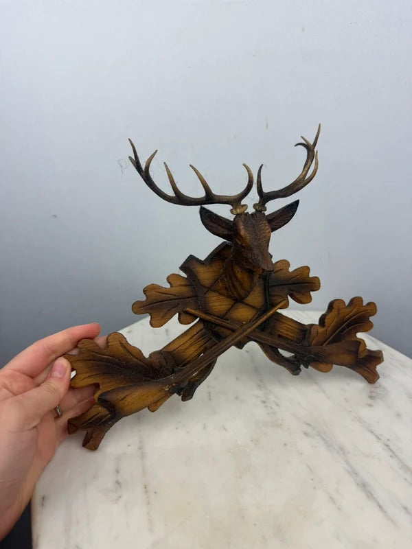 Vintage Black Forest Style Carved Wood Stag Deer Hunting Wall Plaque