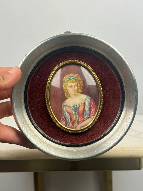 Pair Framed Victorian Lady Portrait Miniatures Round Silver Tone Frames