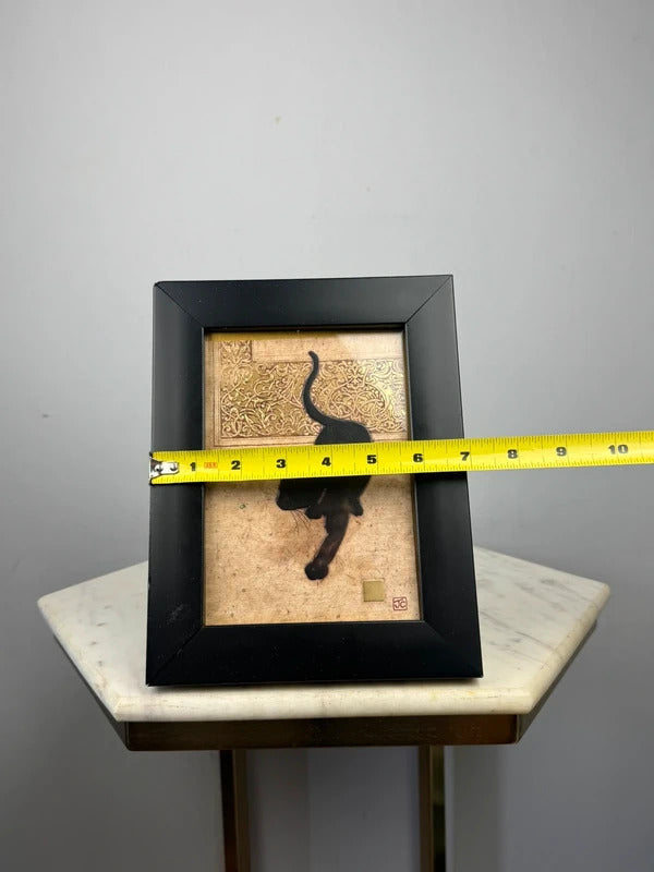 Vintage Black Cat Framed Art Print Gold Background Whimsical Wall Decor
