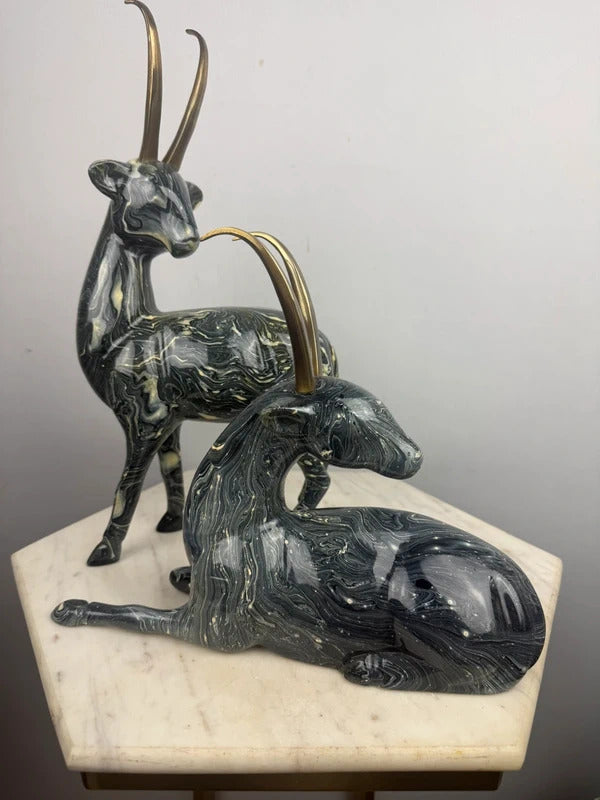 post modern Pair of Marbled Gazelle / Antelope Figurines - Brass Horns