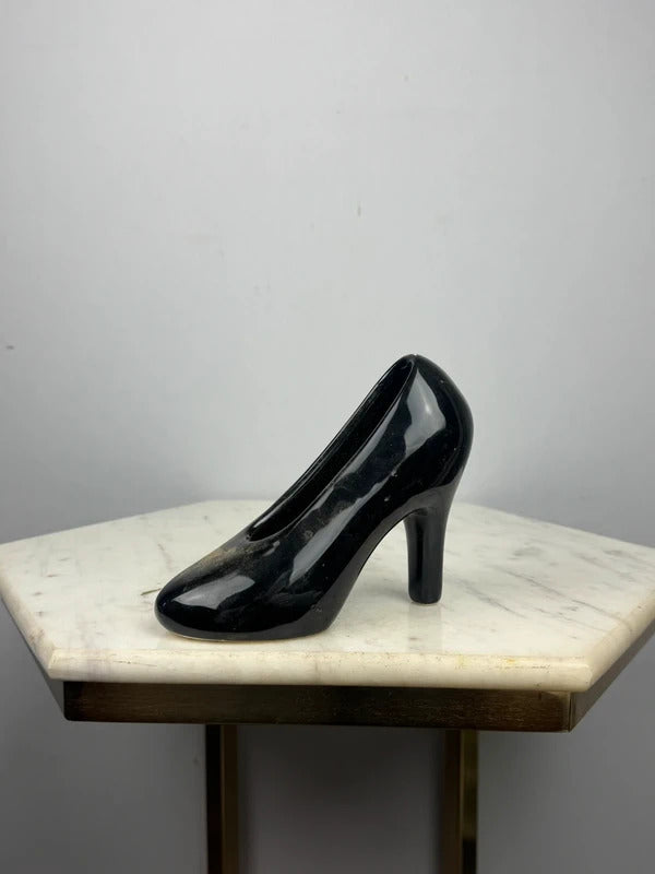 Vintage Black Ceramic High Heel Shoe Planter Taiwan Retro Decor