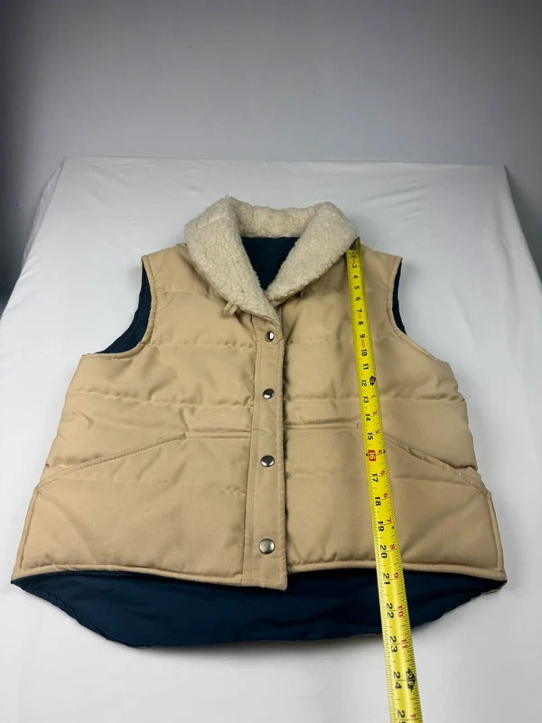 Vintage Tan Puffer Vest Sherpa Collar Navy Blue Lined Snap Front 1980s