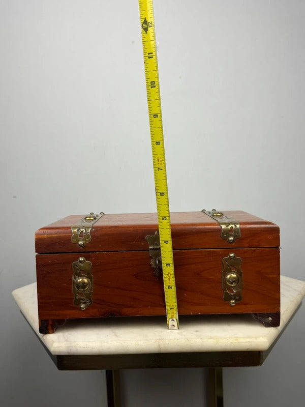 Vintage Wood Jewelry Box Brass Hardware Mini Chest 10.5”