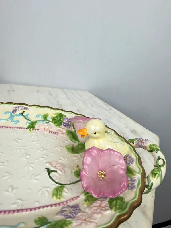 Vintage Avon Ceramic Floral Duck Tray Pink Flowers Gold Trim