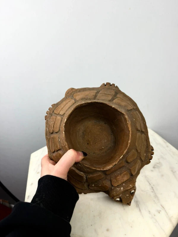 Vintage Handmade Ceramic Turtle Planter Folk Art Pottery