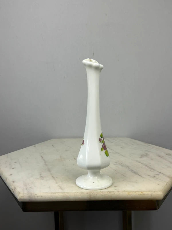 fenton Vintage White Milk Glass Bud Vase Purple Violets Floral Pedestal Vase