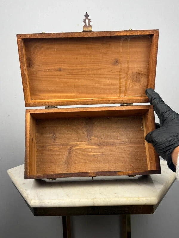 Vintage Wood Jewelry Box Brass Hardware Mini Chest 10.5”