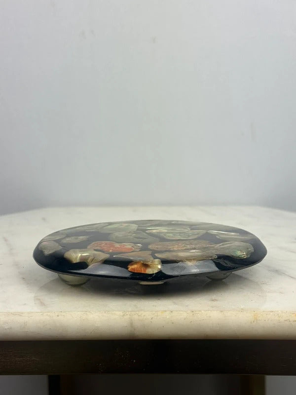 Vintage Resin Trivet with Abalone Shell Inlay Black Round Coastal Decor