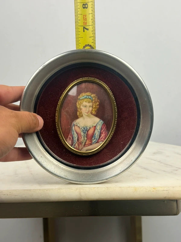 Pair Framed Victorian Lady Portrait Miniatures Round Silver Tone Frames