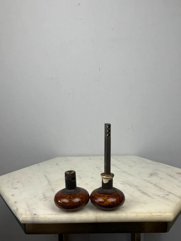 Antique Bennington Style Brown Swirl Porcelain Door Knobs Pair w/ Spindle