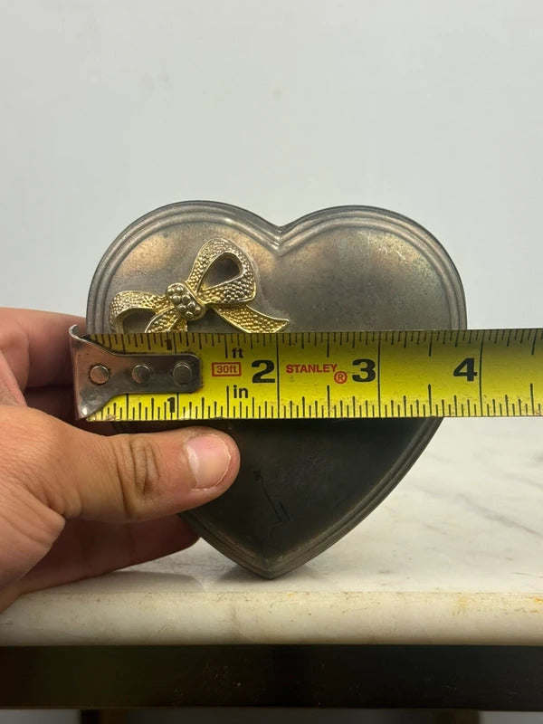 Vintage Heart Shaped Metal Trinket Box Gold Bow Jewelry Box