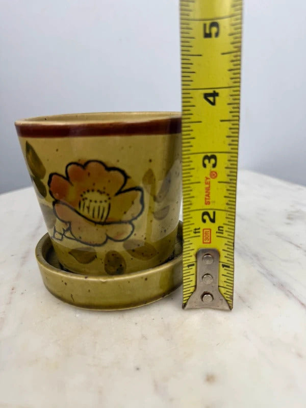 Vintage Floral Ceramic Planter with Saucer Retro Green Brown Pot speckled