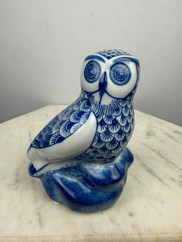 Vintage Blue & White Porcelain Owl Figurine Chinoiserie Decor