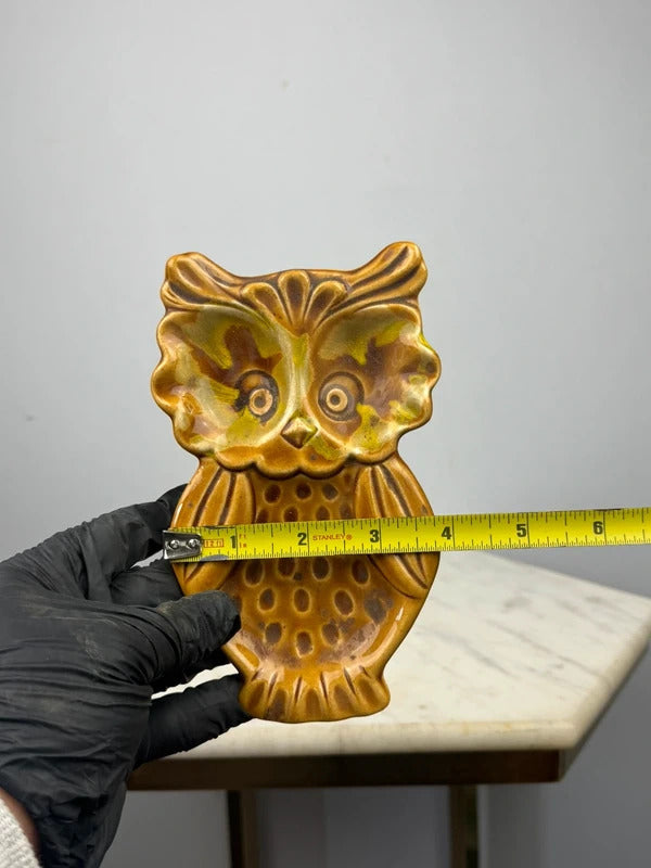 Vintage Cali Style Ceramic Owl Plaque Retro 1970s Brown Green Glaze