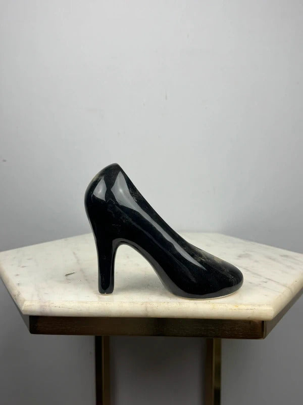 Vintage Black Ceramic High Heel Shoe Planter Taiwan Retro Decor