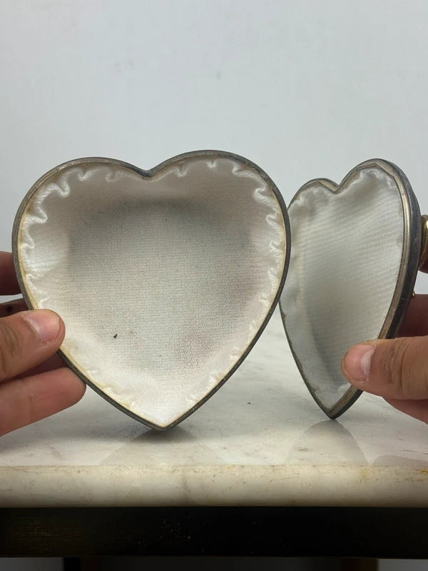 Vintage Heart Shaped Metal Trinket Box Gold Bow Jewelry Box
