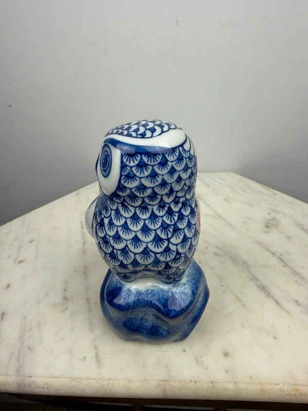 Vintage Blue & White Porcelain Owl Figurine Chinoiserie Decor