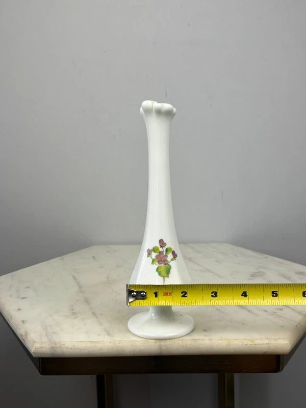 fenton Vintage White Milk Glass Bud Vase Purple Violets Floral Pedestal Vase