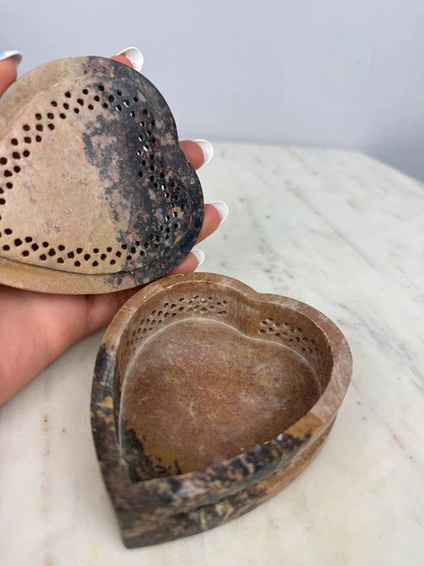 Carved Soapstone Heart Box - Pietra Dura Floral Inlay - India