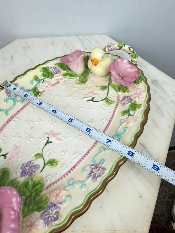 Vintage Avon Ceramic Floral Duck Tray Pink Flowers Gold Trim