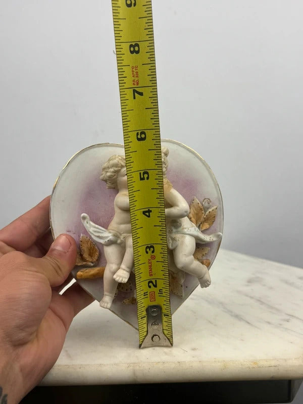 Antique Bisque Porcelain Heart Dish Cherubs Putti Figural Gilt Trim 7258 Mark