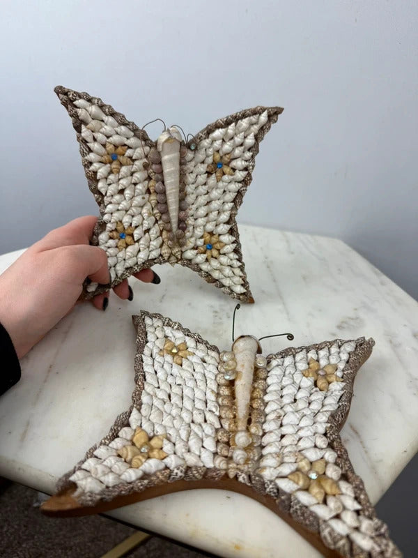 Vintage Seashell Butterfly Wall Decor Pair Shell Art Coastal Boho