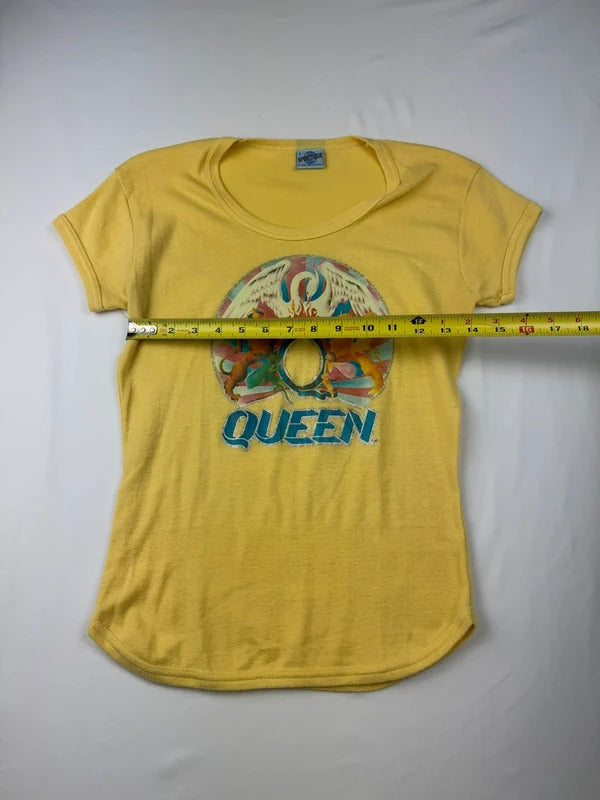 Vintage 1990s Queen Band T-Shirt Yellow Freddie Mercury Crest Graphic Size L