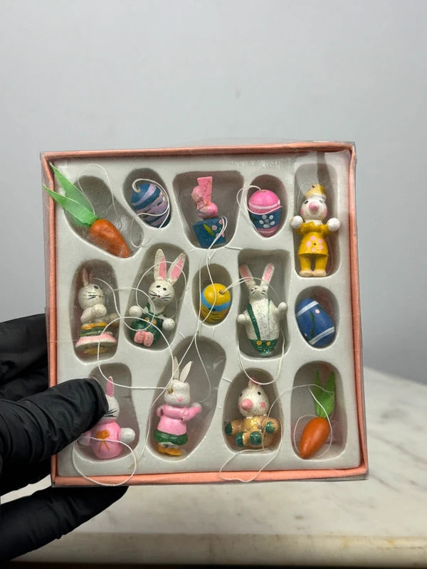 Vintage 1990s Easter Mini Wooden Ornaments Bunny Egg Carrot Set