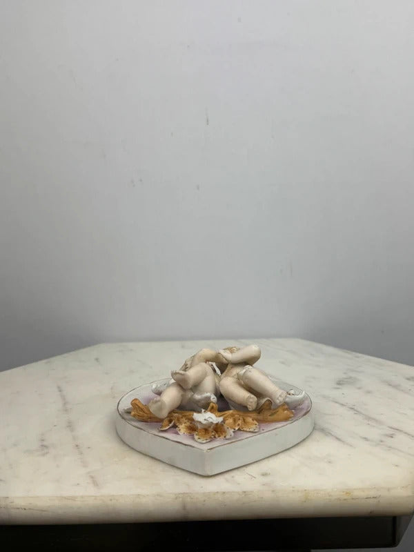 Antique Bisque Porcelain Heart Dish Cherubs Putti Figural Gilt Trim 7258 Mark