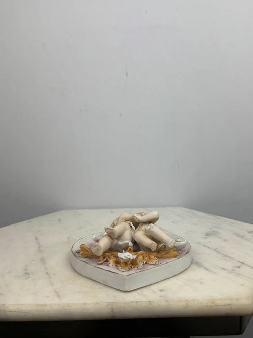 Antique Bisque Porcelain Heart Dish Cherubs Putti Figural Gilt Trim 7258 Mark
