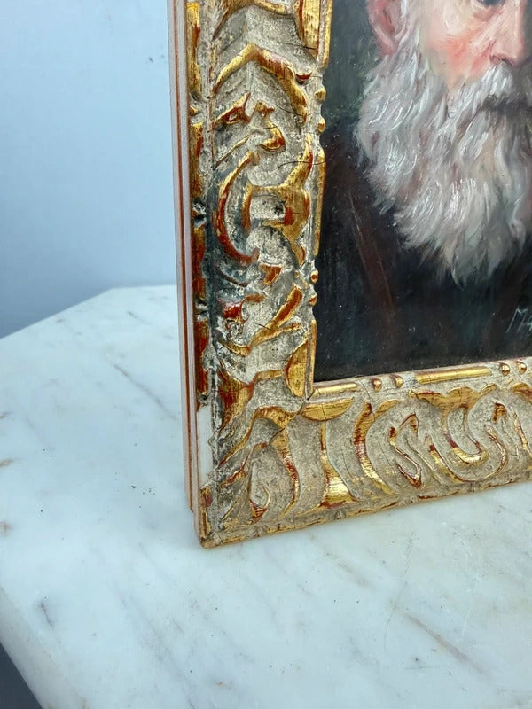 Vintage Signed Bearded Man Portrait Oil Painting Ornate Gilt Frame
